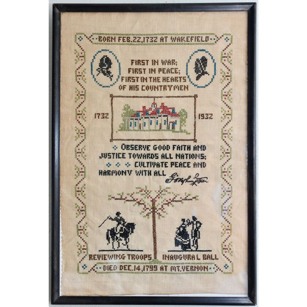 Antique George Washington Bicentennial Commemorative Cross-Stitch Sampler, 1932